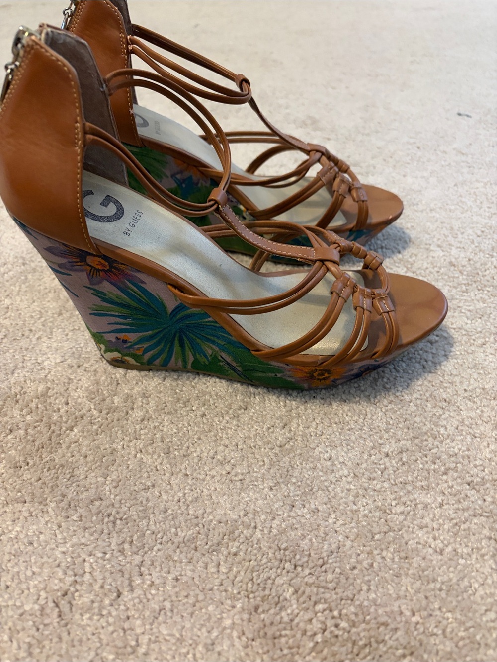 GUESS Brown Strappy Wedge Sandals with Tropical Floral Print